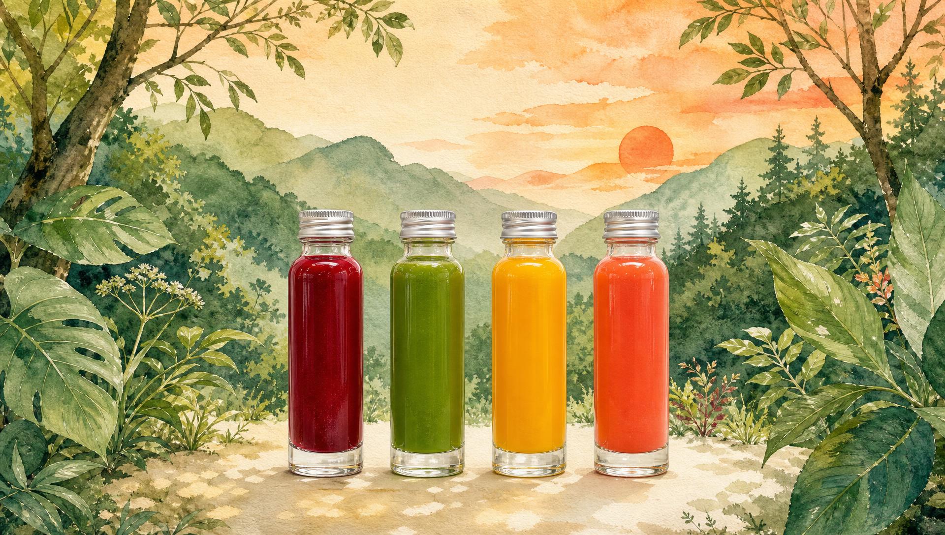 Watercolour forest clearing at sunrise with four colourful MORI 60ml glass wellness shots standing in a row